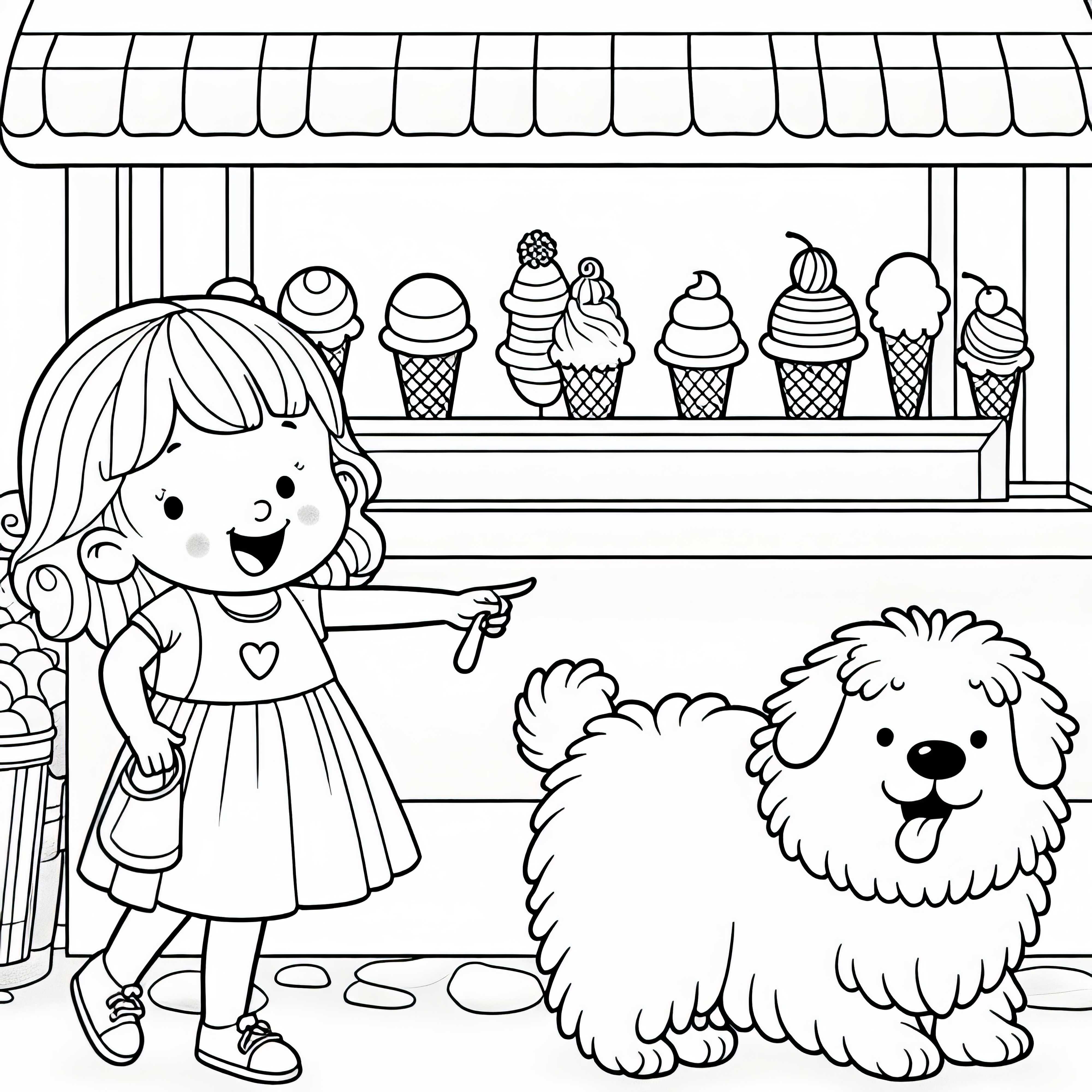 Stand de glaces avec enfant et chien - Dessin à colorier pour les filles à partir de trois ans