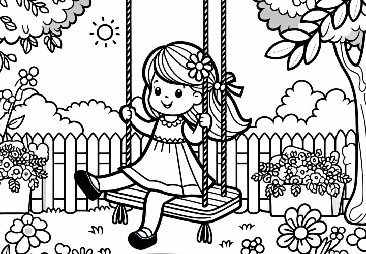 Balancoire dans le jardin avec une fille qui rit - Modèle à colorier gratuit pour les filles à partir de trois ans