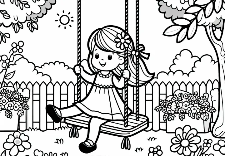 Balancoire dans le jardin avec une fille qui rit - Modèle à colorier gratuit pour les filles à partir de trois ans