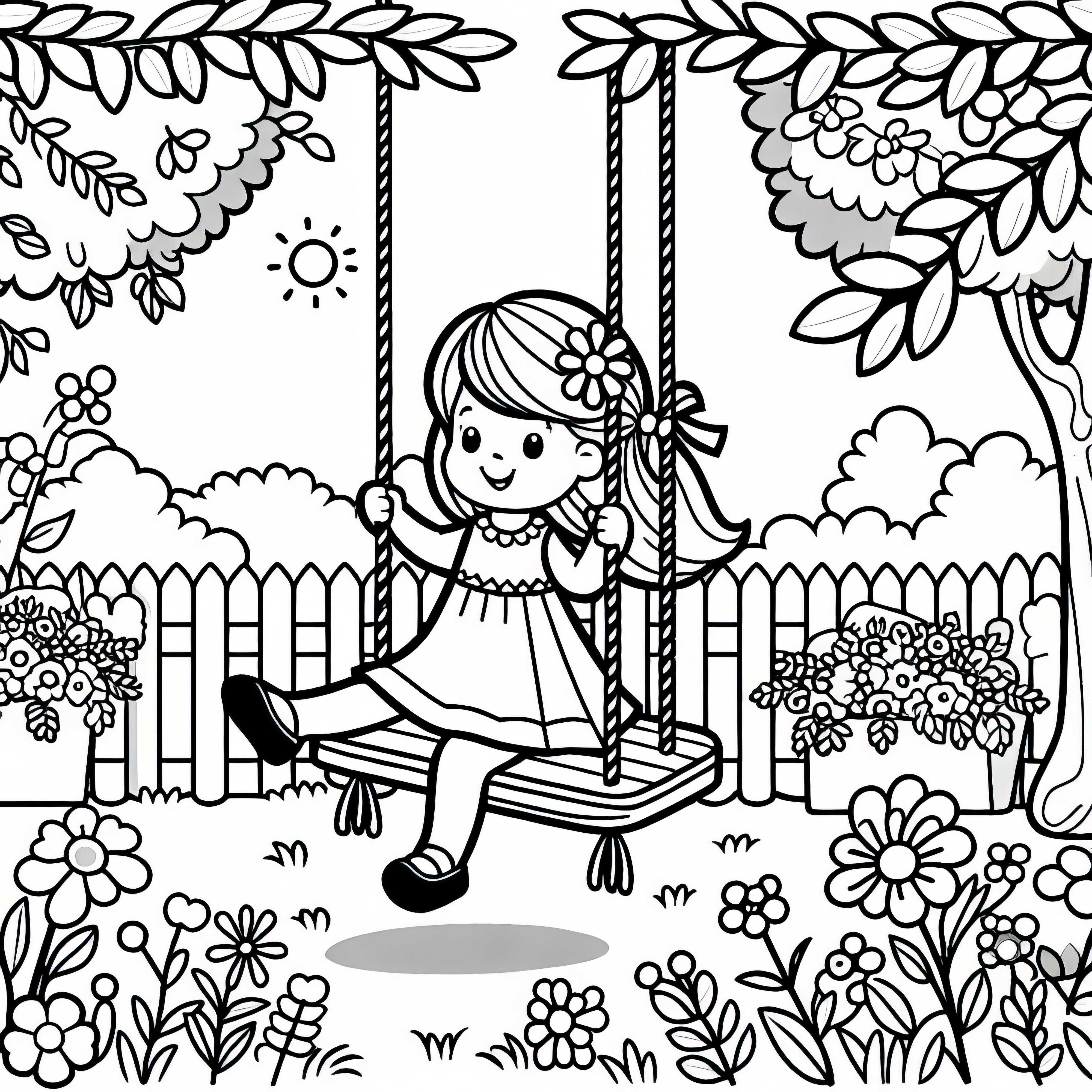 Balancoire dans le jardin avec une fille qui rit - Modèle à colorier pour les filles à partir de trois ans gratuit