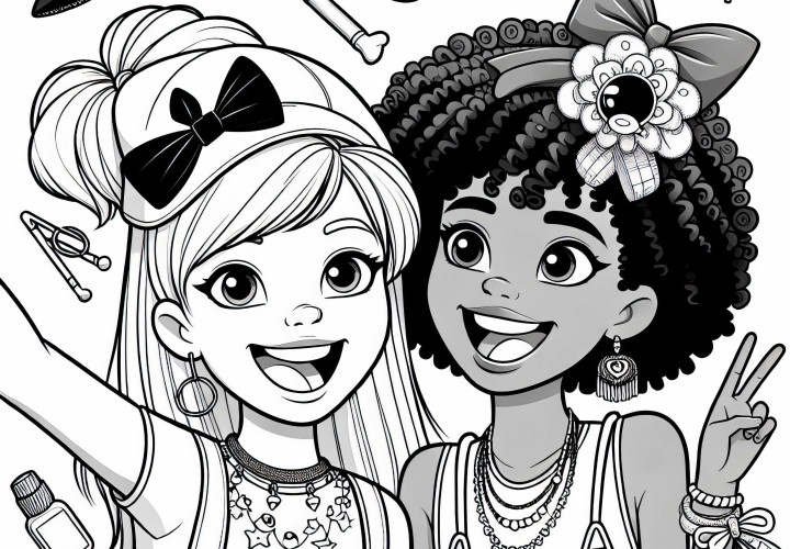 Deux amies avec des accessoires – Dessin à colorier pour filles à partir de neuf ans, gratuit