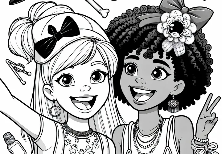 Deux amies avec des accessoires – Dessin à colorier pour filles à partir de neuf ans, gratuit