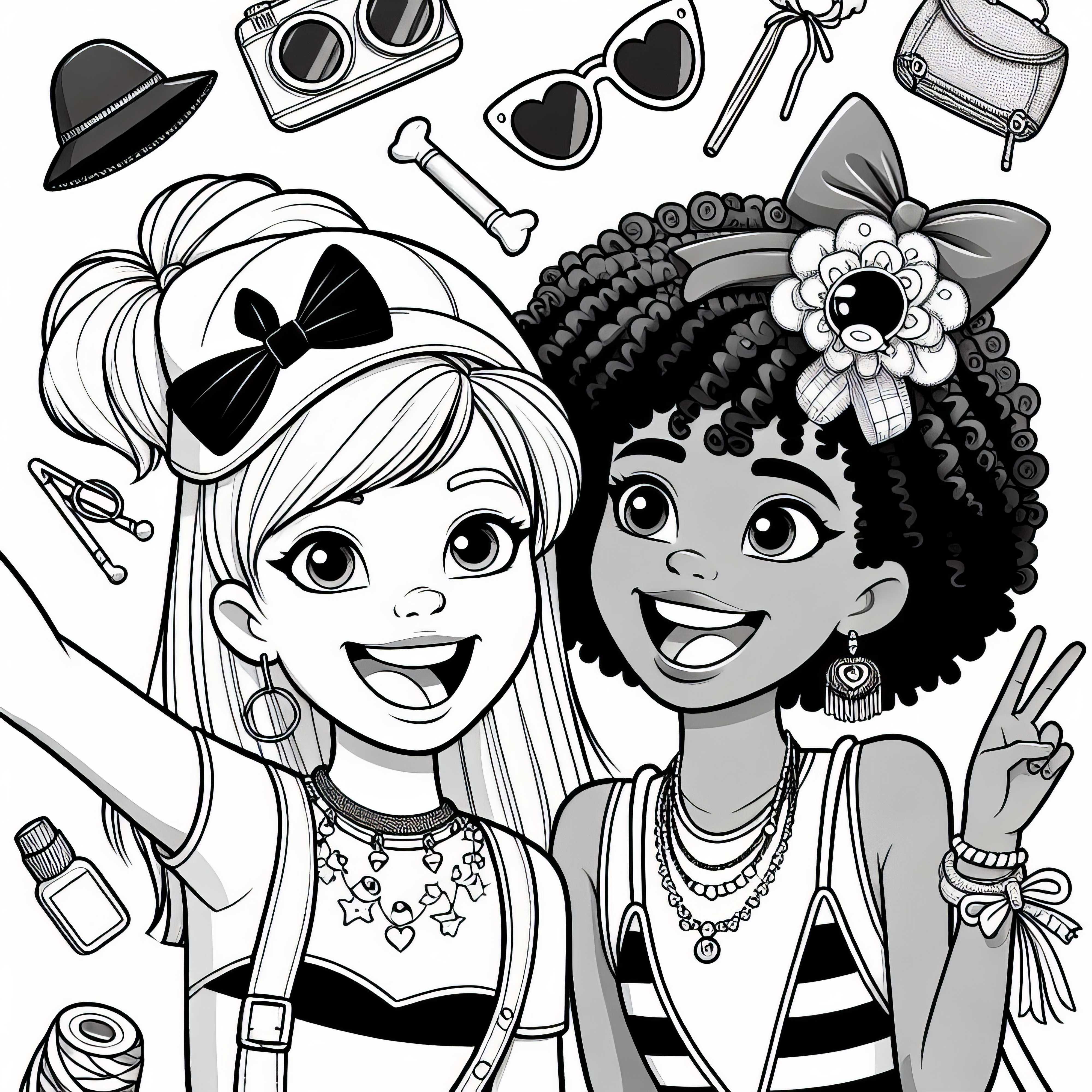 Deux amies avec accessoires - Page à colorier pour filles à partir de neuf ans, gratuite