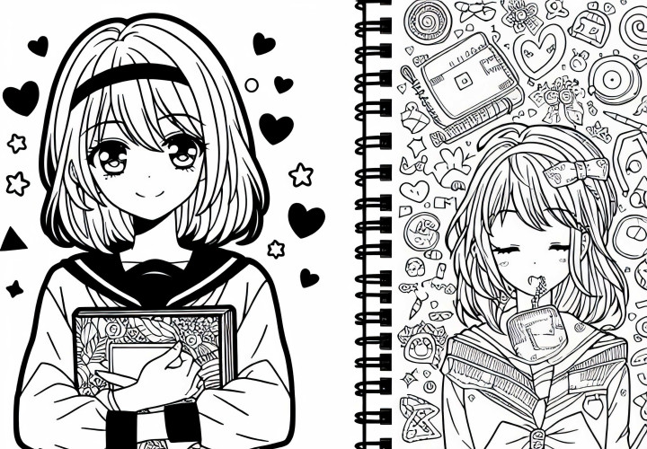 Écolière de manga avec carnet – Dessin à colorier gratuit pour les filles à partir de neuf ans
