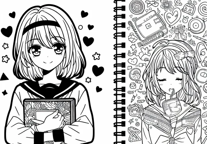Écolière de manga avec carnet – Dessin à colorier gratuit pour les filles à partir de neuf ans