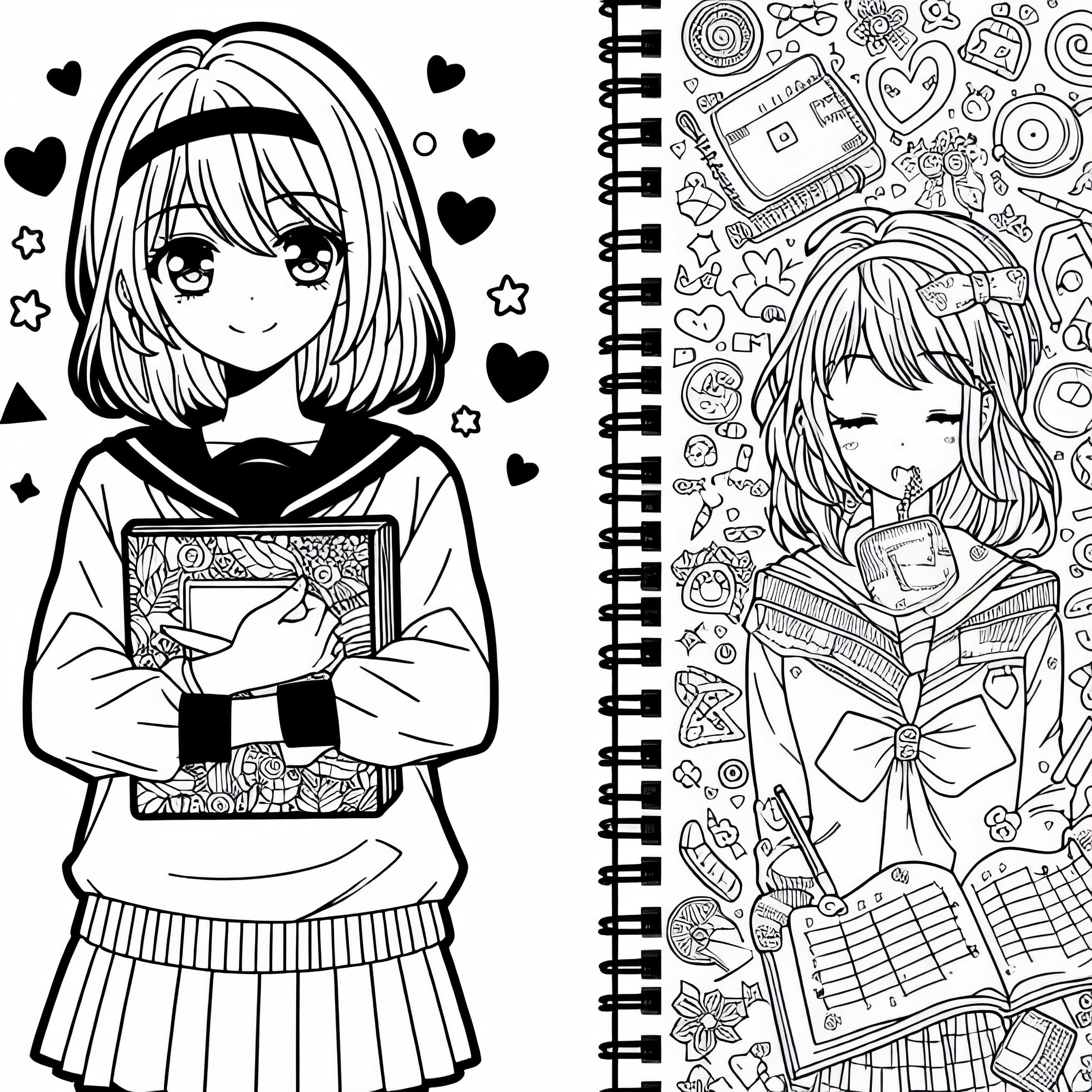 Fille de manga avec un carnet – Dessin à colorier gratuit pour les filles à partir de neuf ans