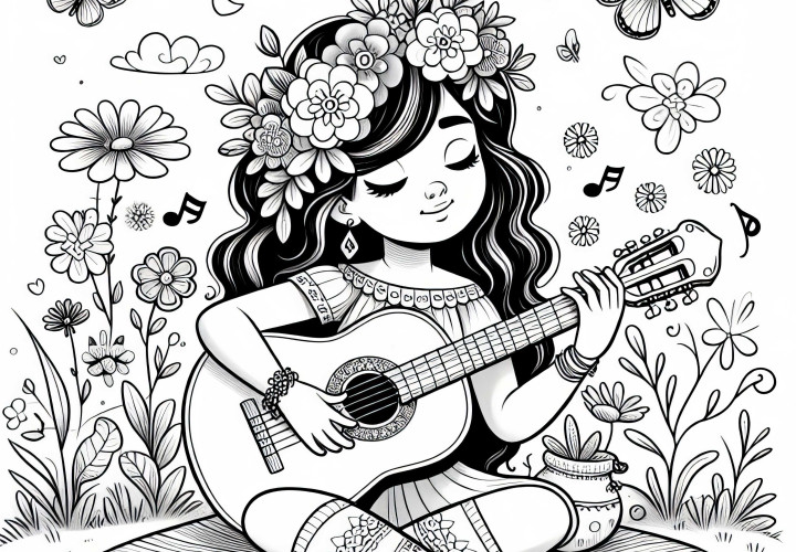 Fille jouant de la guitare sur un champ de fleurs – Dessin à colorier gratuit pour les filles à partir de neuf ans