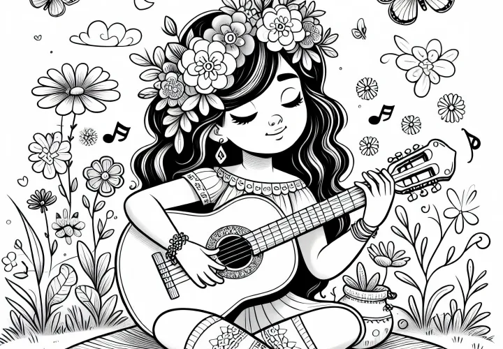 Fille jouant de la guitare sur un champ de fleurs – Dessin à colorier gratuit pour les filles à partir de neuf ans