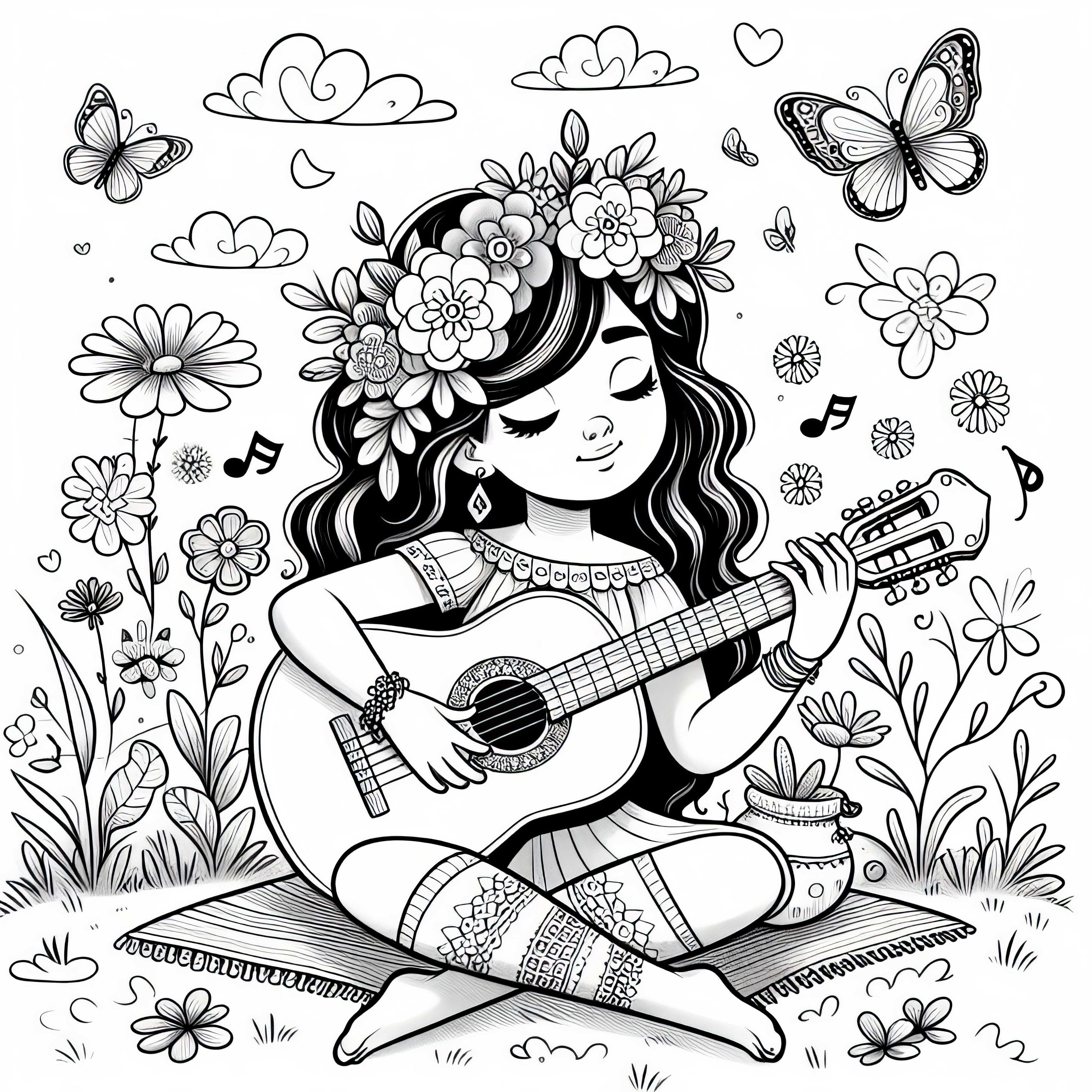 Fille jouant de la guitare sur un champ de fleurs - Modèle de coloriage gratuit pour les filles à partir de neuf ans