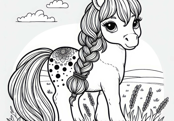 Poney avec une crinière tressée dans un champ – Dessin à colorier pour les filles à partir de neuf ans, gratuit