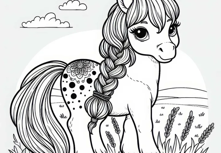 Poney avec une crinière tressée dans un champ – Dessin à colorier pour les filles à partir de neuf ans, gratuit