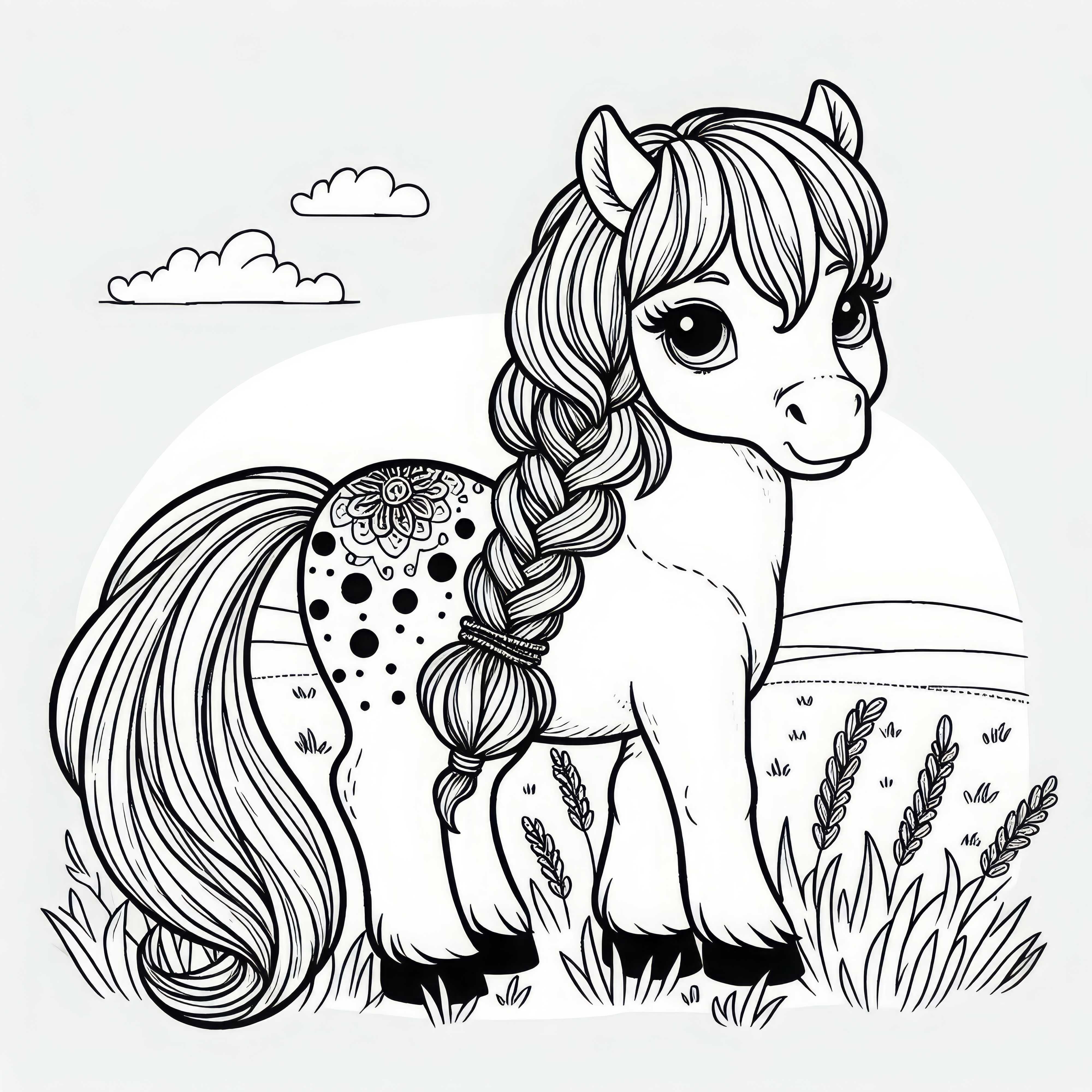 Poney avec crinière tressée dans le champ - Image à colorier pour filles à partir de neuf ans gratuite