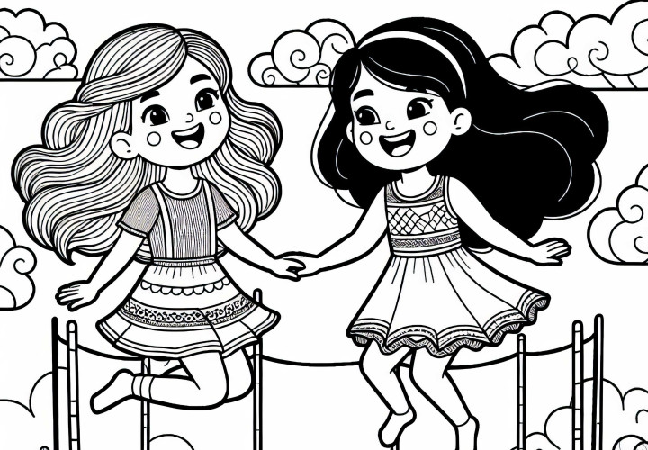 Deux filles sur le trampoline - Dessin à colorier pour les filles à partir de neuf ans, gratuit