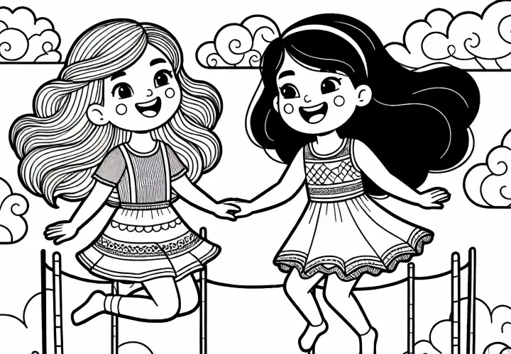 Deux filles sur le trampoline - Dessin à colorier pour les filles à partir de neuf ans, gratuit