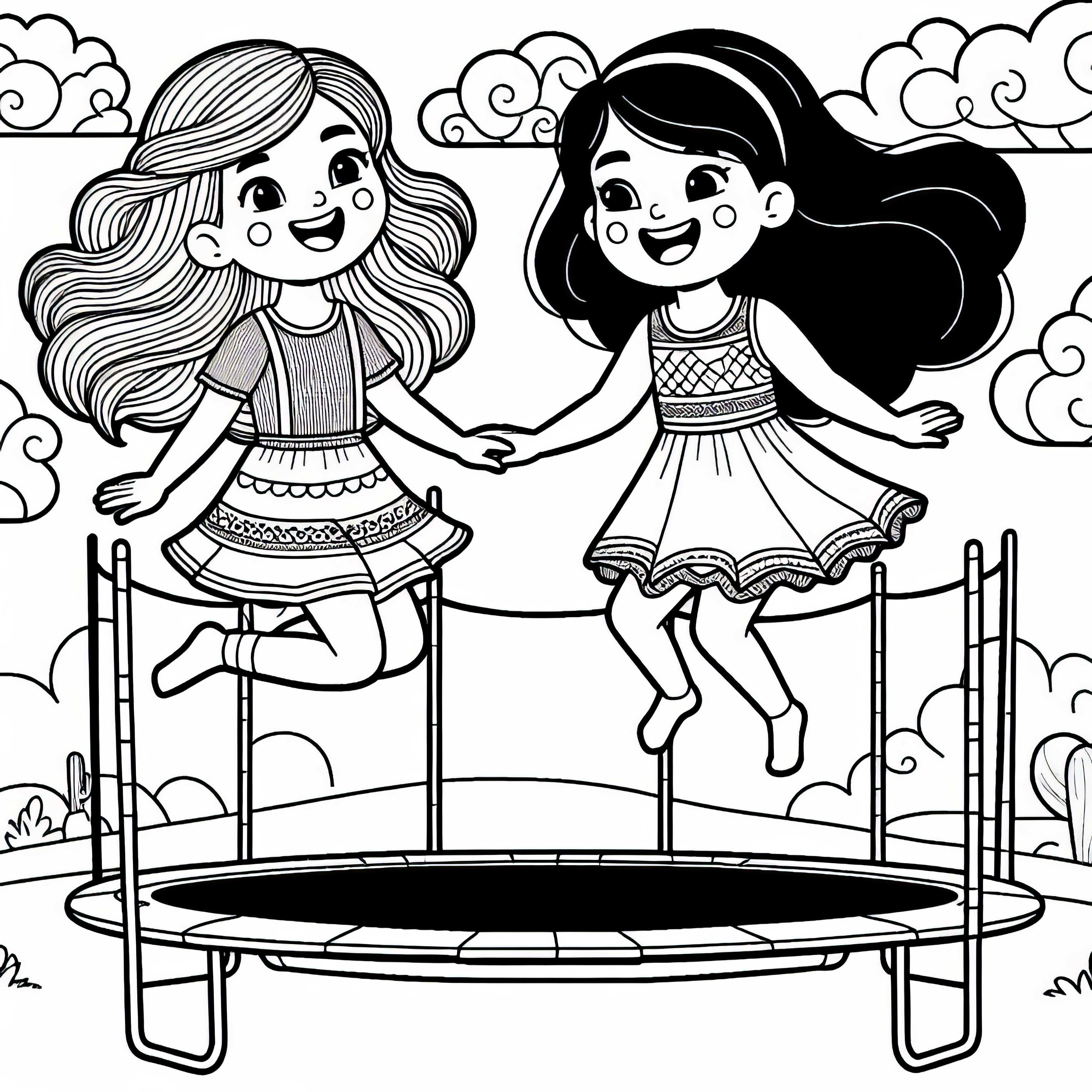 Deux filles sur le trampoline - Dessin à colorier gratuit pour les filles à partir de neuf ans