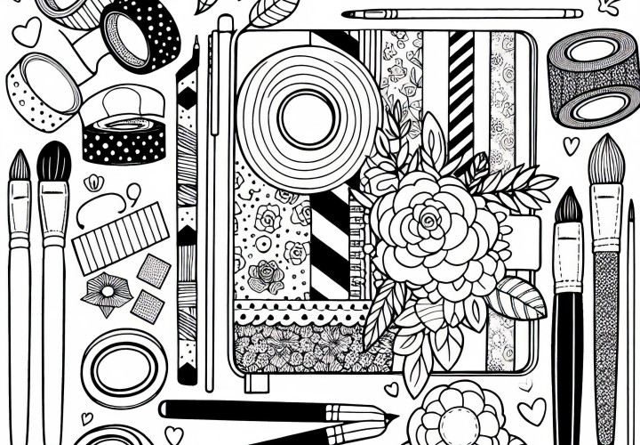 Kit de bricolage avec des washi tapes, des stylos, des pinceaux – Dessin à colorier pour filles à partir de neuf ans gratuit