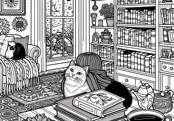 Coin lecture avec étagère à livres, chat, tasse de thé – Dessin à colorier pour les filles à partir de neuf ans (gratuit)