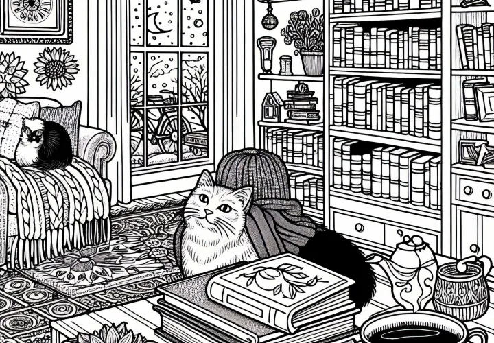 Coin lecture avec étagère à livres, chat, tasse de thé – Dessin à colorier pour les filles à partir de neuf ans (gratuit)