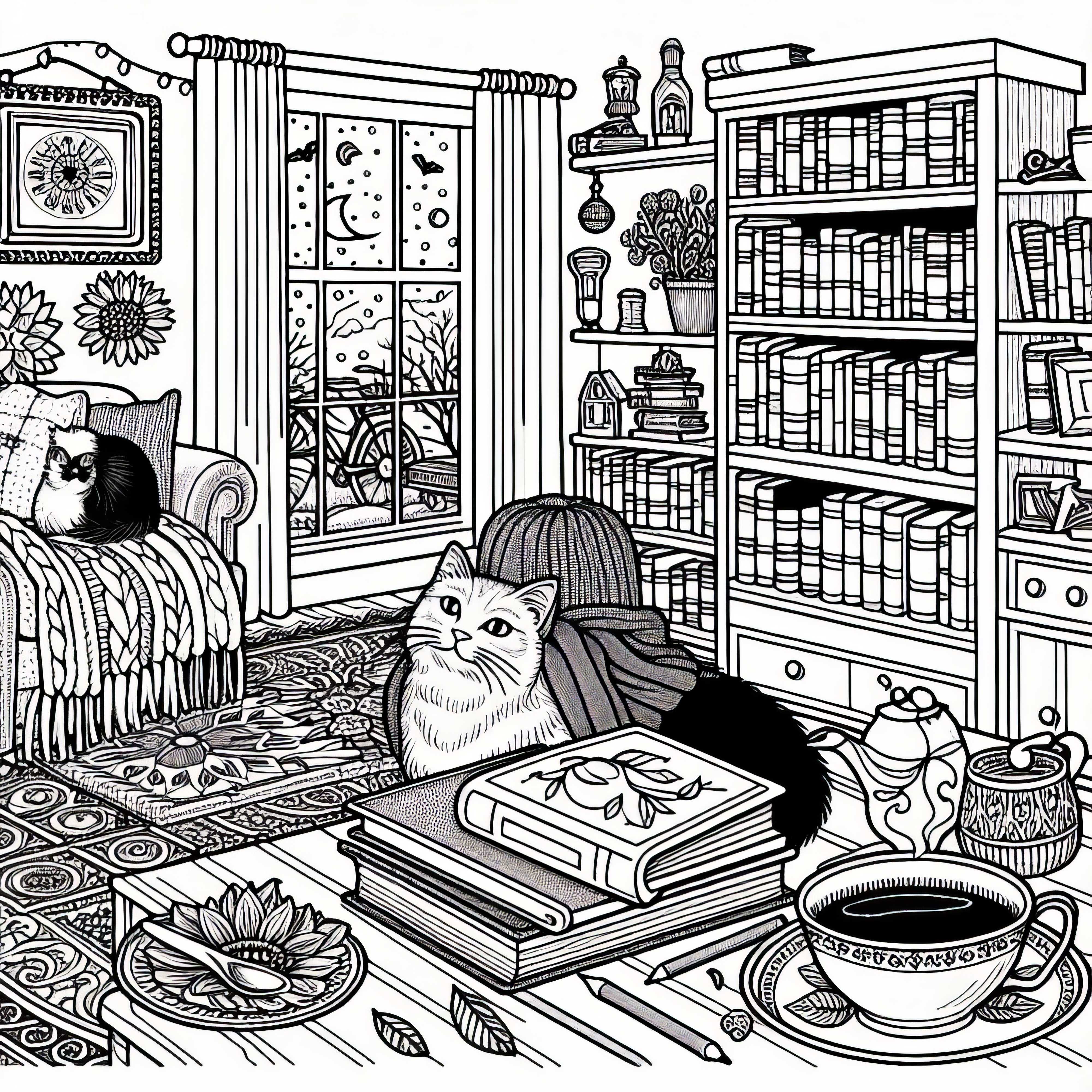 Coin lecture avec étagère à livres, chat, tasse de thé – Dessin à colorier pour les filles à partir de neuf ans (gratuit)