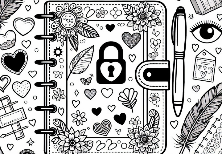 Journal avec serrure, autocollants et plumes : modèle à colorier pour les filles à partir de neuf ans gratuit