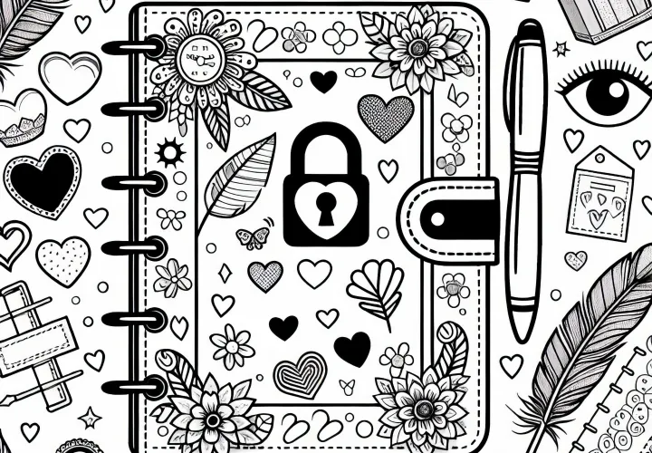 Journal avec serrure, autocollants et plumes : modèle à colorier pour les filles à partir de neuf ans gratuit