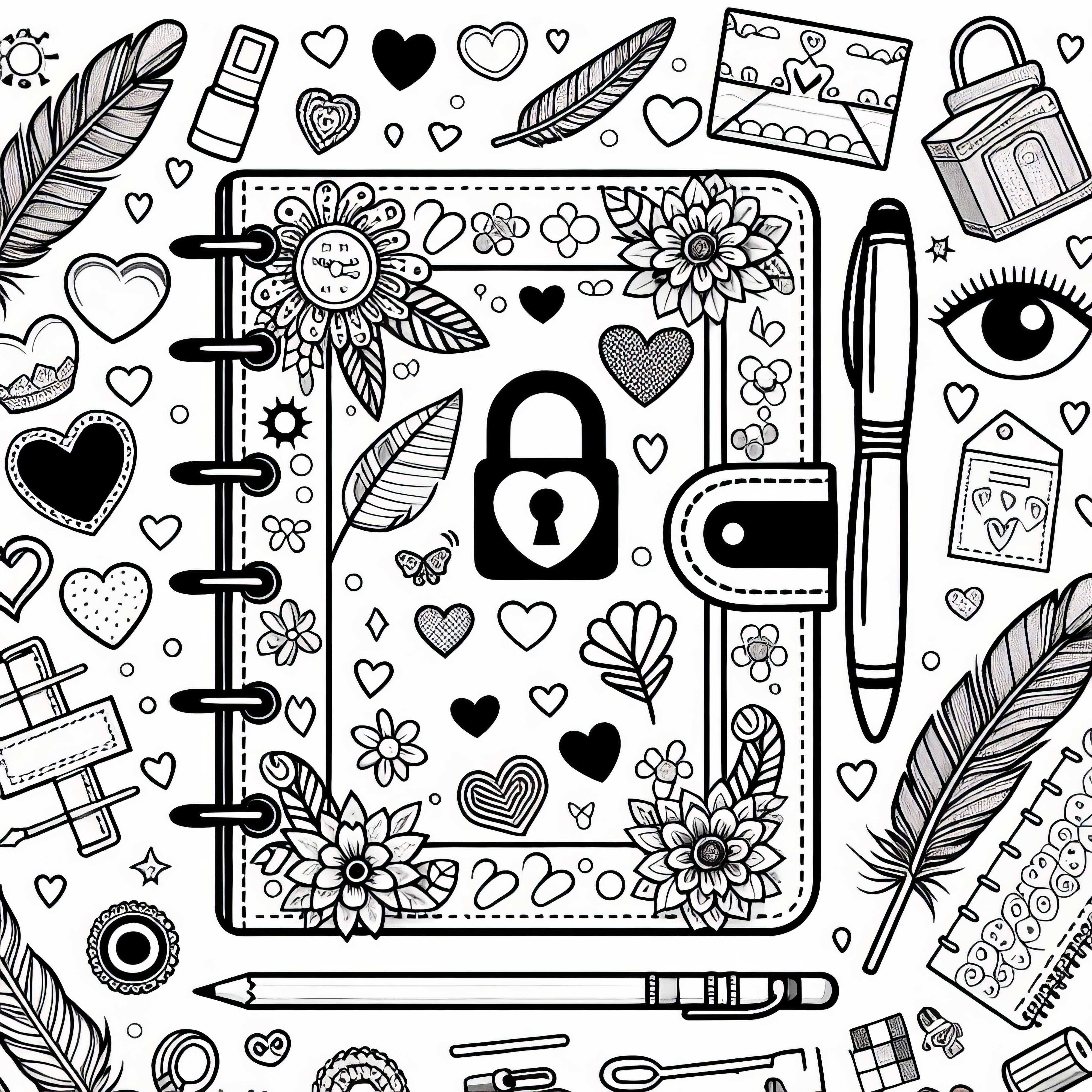 Journal avec cadenas, autocollants et plumes : modèle à colorier pour les filles à partir de neuf ans gratuit