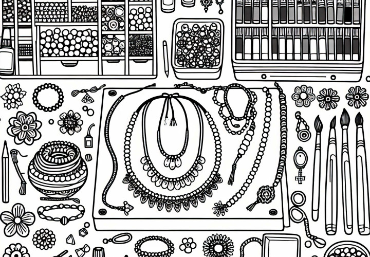 Atelier de bricolage de bijoux avec des chaînes et des perles – Image à colorier pour les filles à partir de neuf ans, gratuit