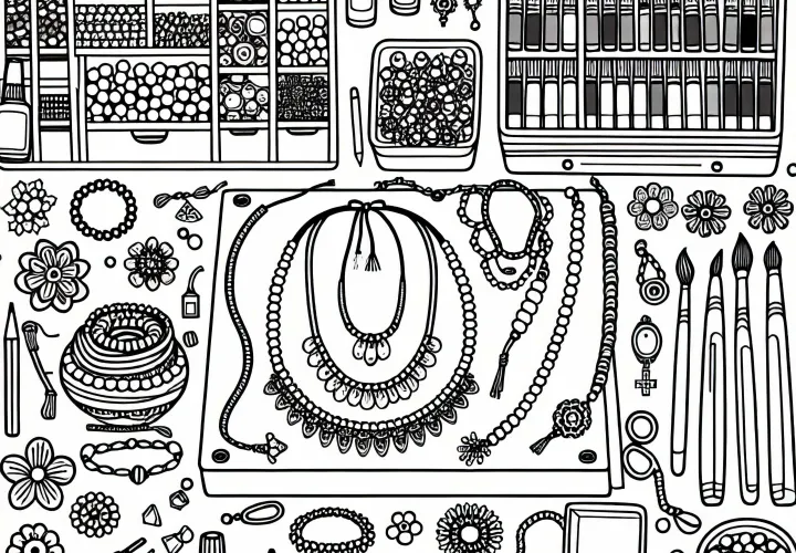 Atelier de bricolage de bijoux avec des chaînes et des perles – Image à colorier pour les filles à partir de neuf ans, gratuit