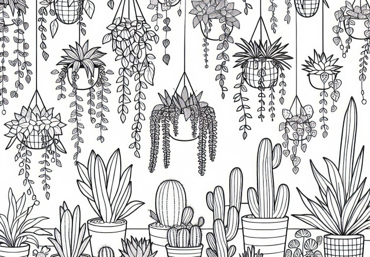 Chambre des plantes avec des suspensions et des cactus – Dessin à colorier pour les filles à partir de neuf ans gratuit