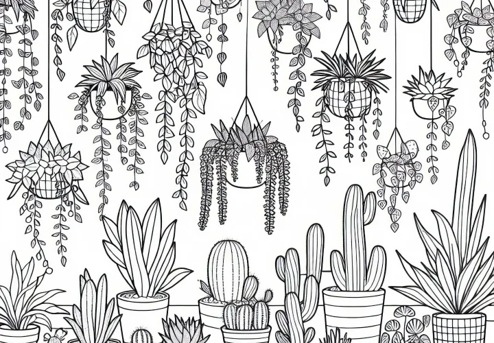Chambre des plantes avec des suspensions et des cactus – Dessin à colorier pour les filles à partir de neuf ans gratuit