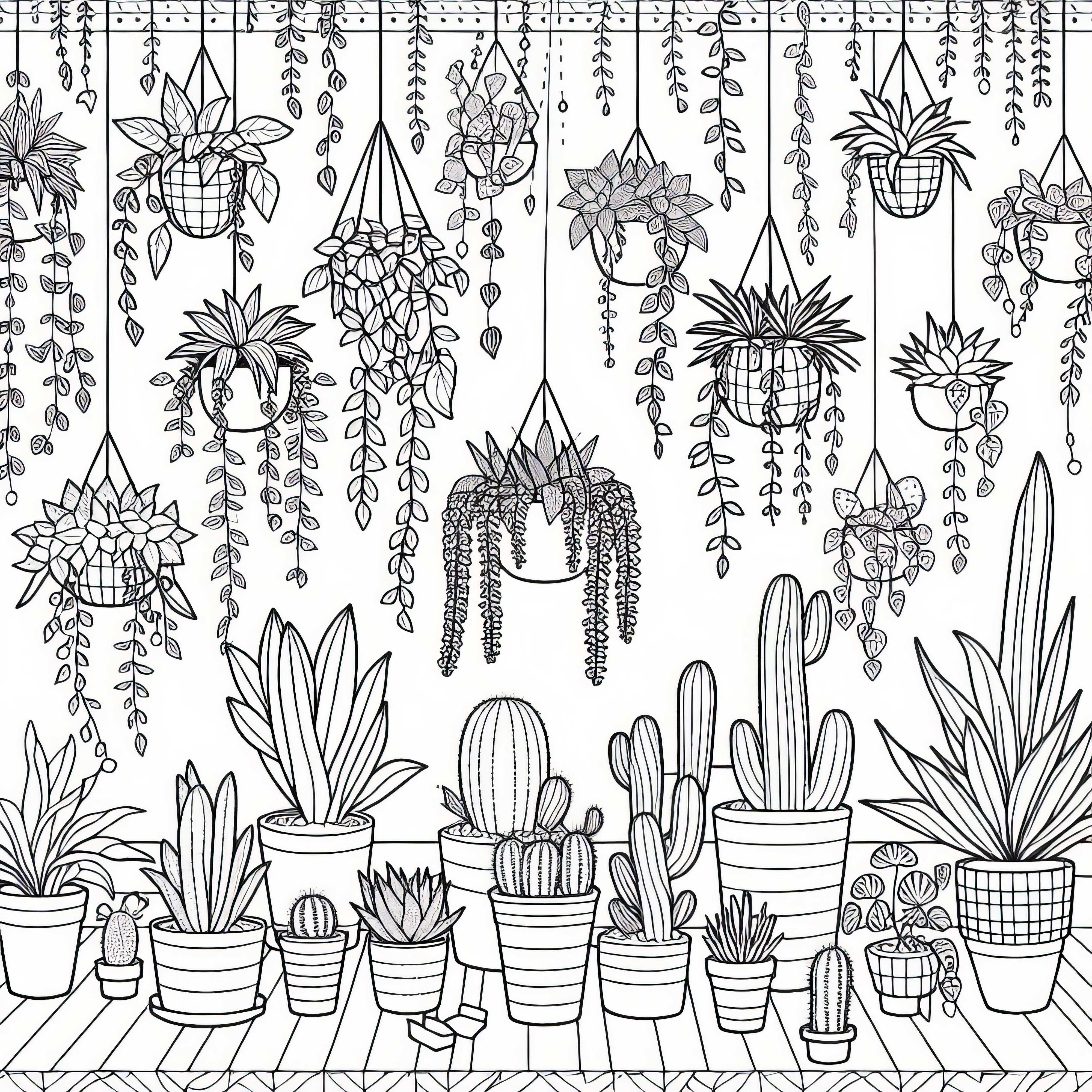 Chambre des plantes avec des suspensions et des cactus – Dessin à colorier gratuit pour filles à partir de neuf ans