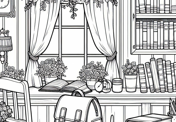 Dessin à colorier pour les filles à partir de neuf ans : chambre dans un internat pour filles avec des livres sur le rebord de la fenêtre