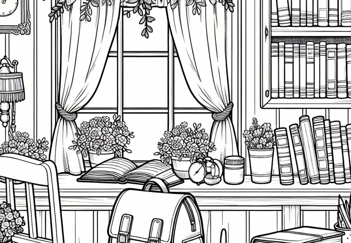 Dessin à colorier pour les filles à partir de neuf ans : chambre dans un internat pour filles avec des livres sur le rebord de la fenêtre