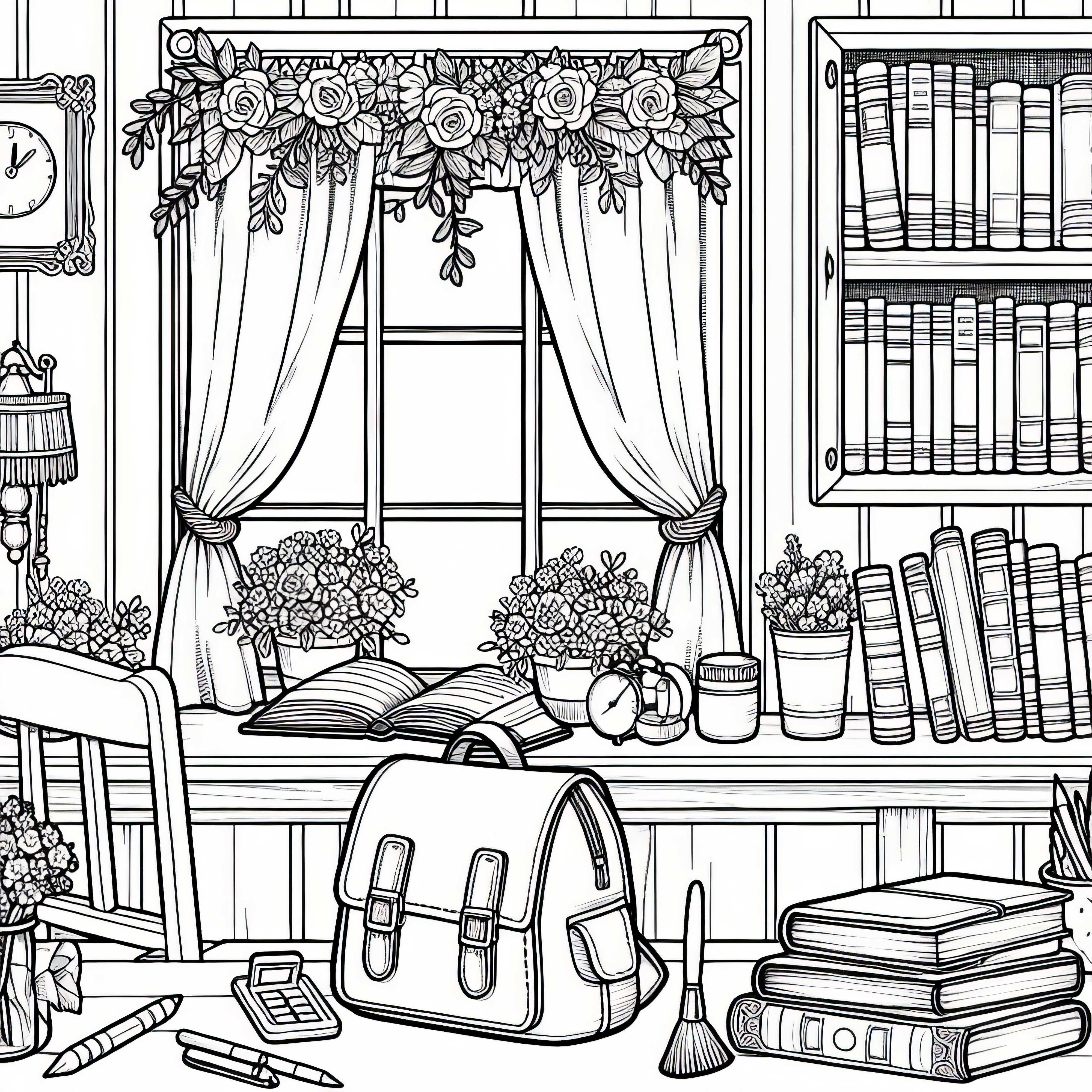 Dessin à colorier pour les filles à partir de neuf ans : chambre dans un internat de filles avec des livres sur le rebord de la fenêtre
