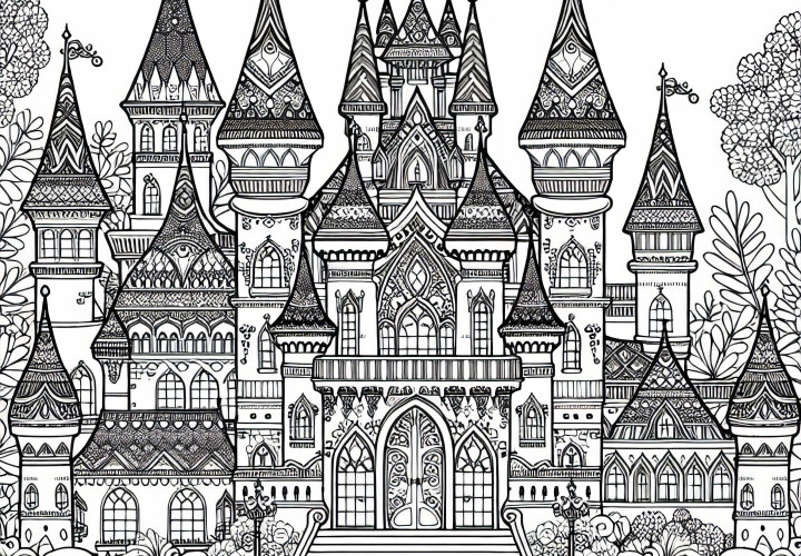 Château de conte de fées avec des tours – Dessin à colorier gratuit pour les filles à partir de neuf ans