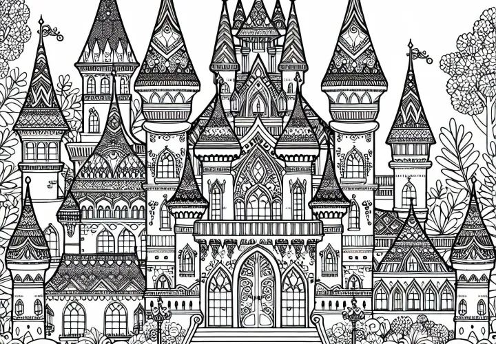 Château de conte de fées avec des tours – Dessin à colorier gratuit pour les filles à partir de neuf ans