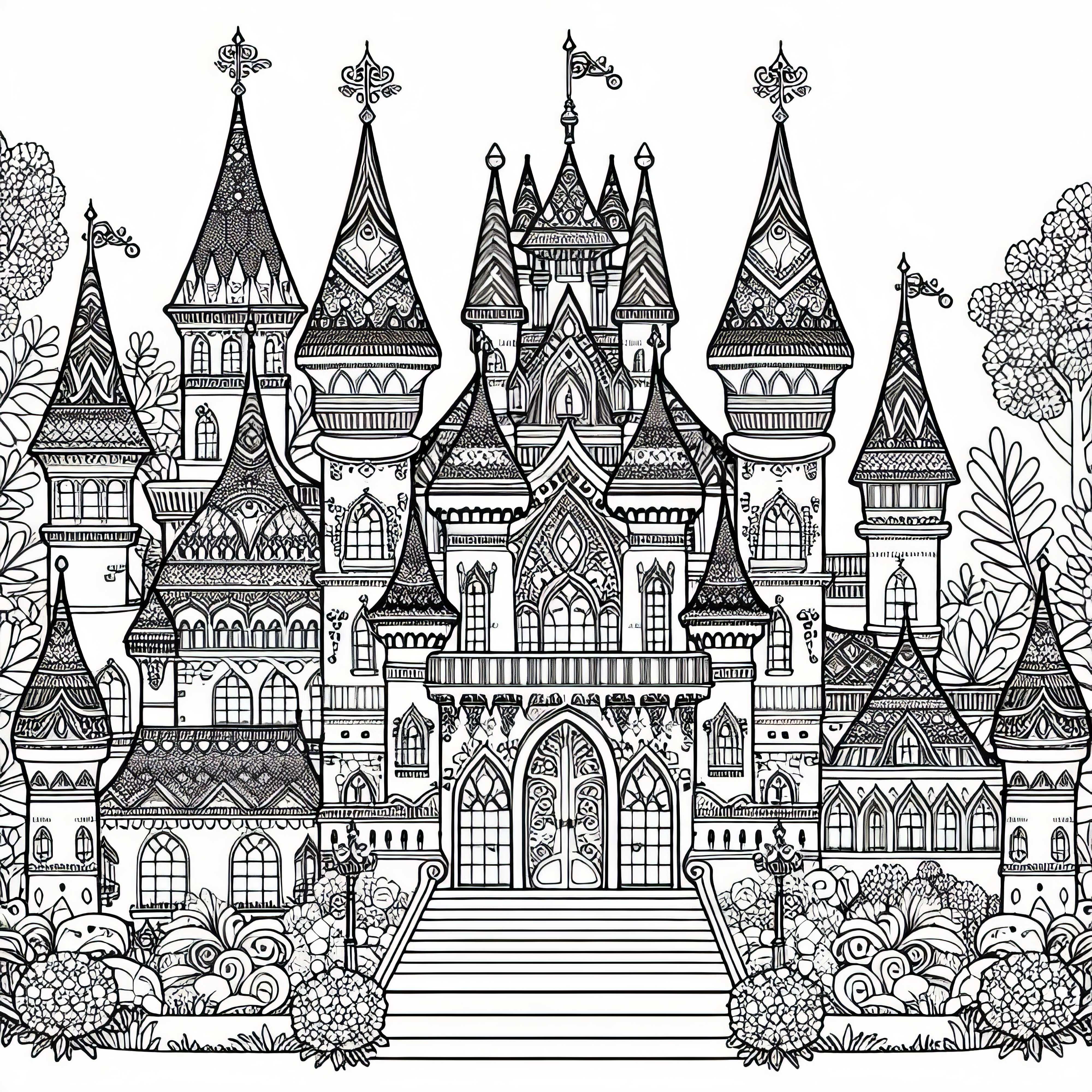 Château de conte de fées avec des tours - page à colorier gratuite pour les filles à partir de neuf ans