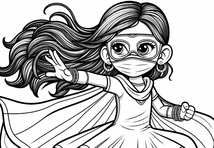 Fille en super-héroïne avec un masque - Dessin à colorier pour filles à partir de neuf ans gratuit