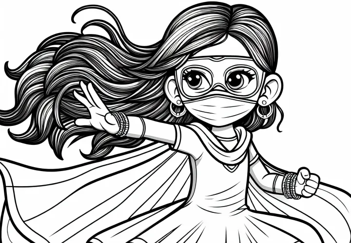 Fille en super-héroïne avec un masque - Dessin à colorier pour filles à partir de neuf ans gratuit
