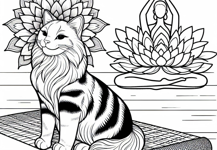 Tapis de yoga avec chat et fleur – Dessin à colorier pour filles à partir de neuf ans gratuit
