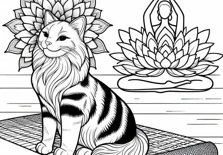 Tapis de yoga avec chat et fleur – Dessin à colorier pour filles à partir de neuf ans gratuit