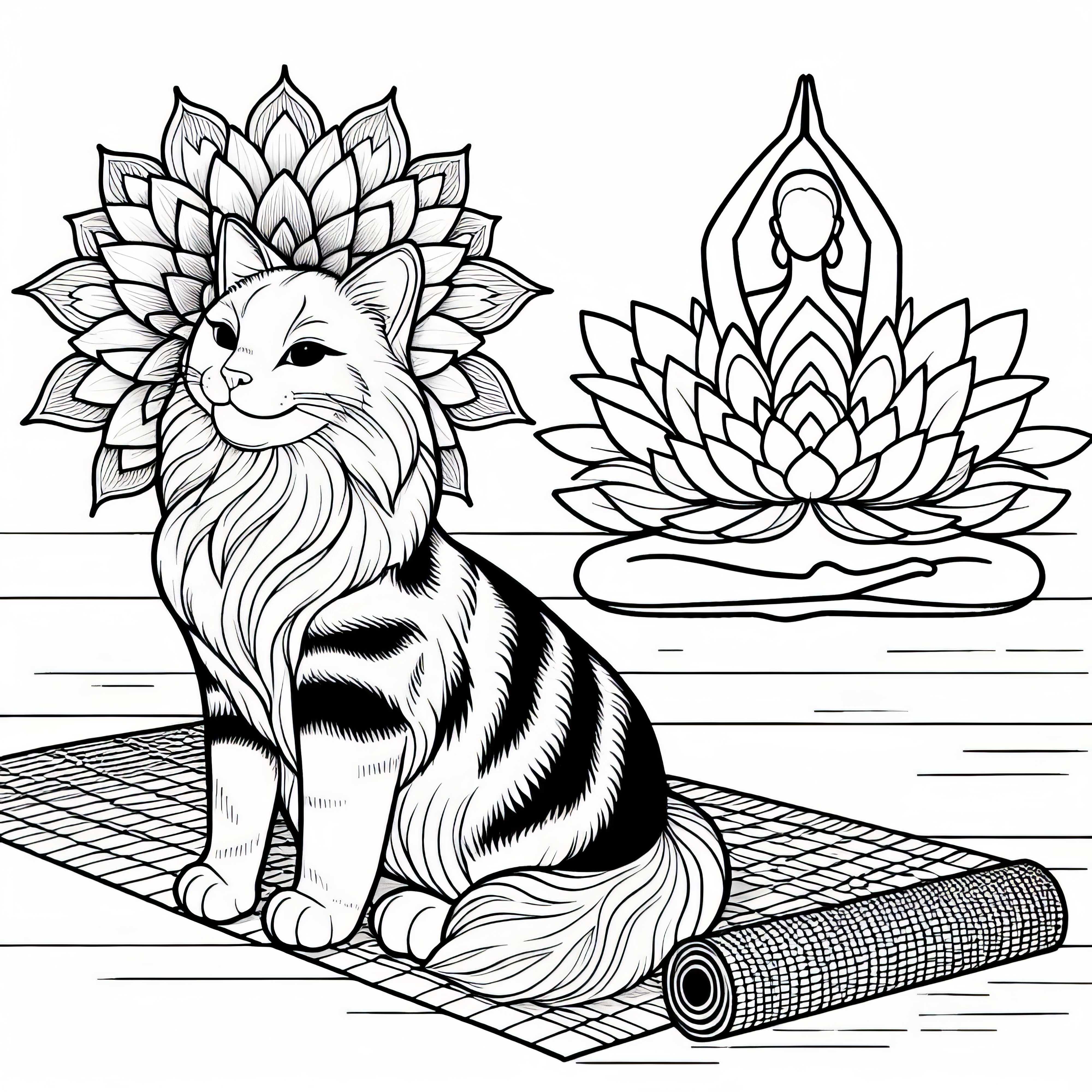 Tapis de yoga avec chat et fleur – Dessin à colorier pour filles à partir de neuf ans gratuit