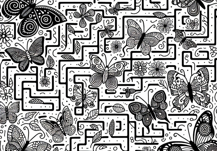 Labyrinthe avec des papillons – Dessin à colorier pour filles à partir de neuf ans – Gratuit