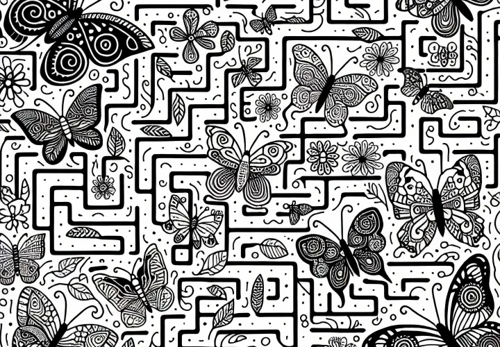 Labyrinthe avec des papillons – Dessin à colorier pour filles à partir de neuf ans – Gratuit