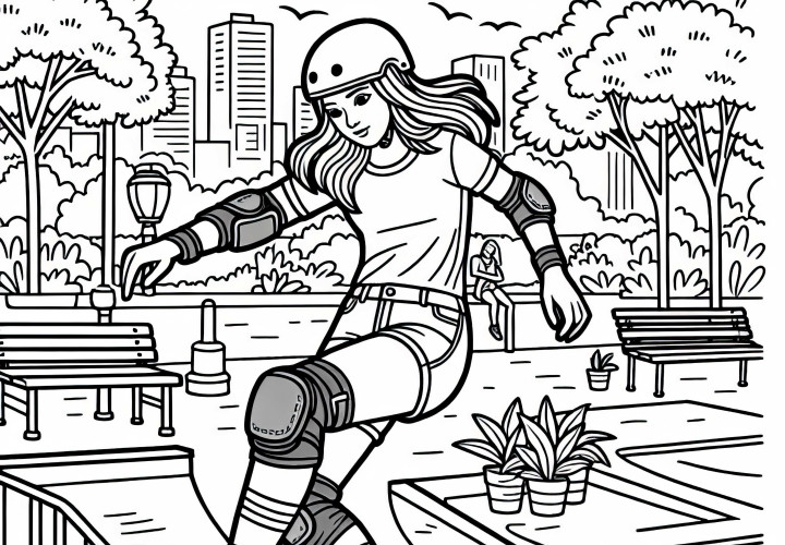 Skateuse avec casque - Dessin à colorier pour filles à partir de neuf ans gratuit