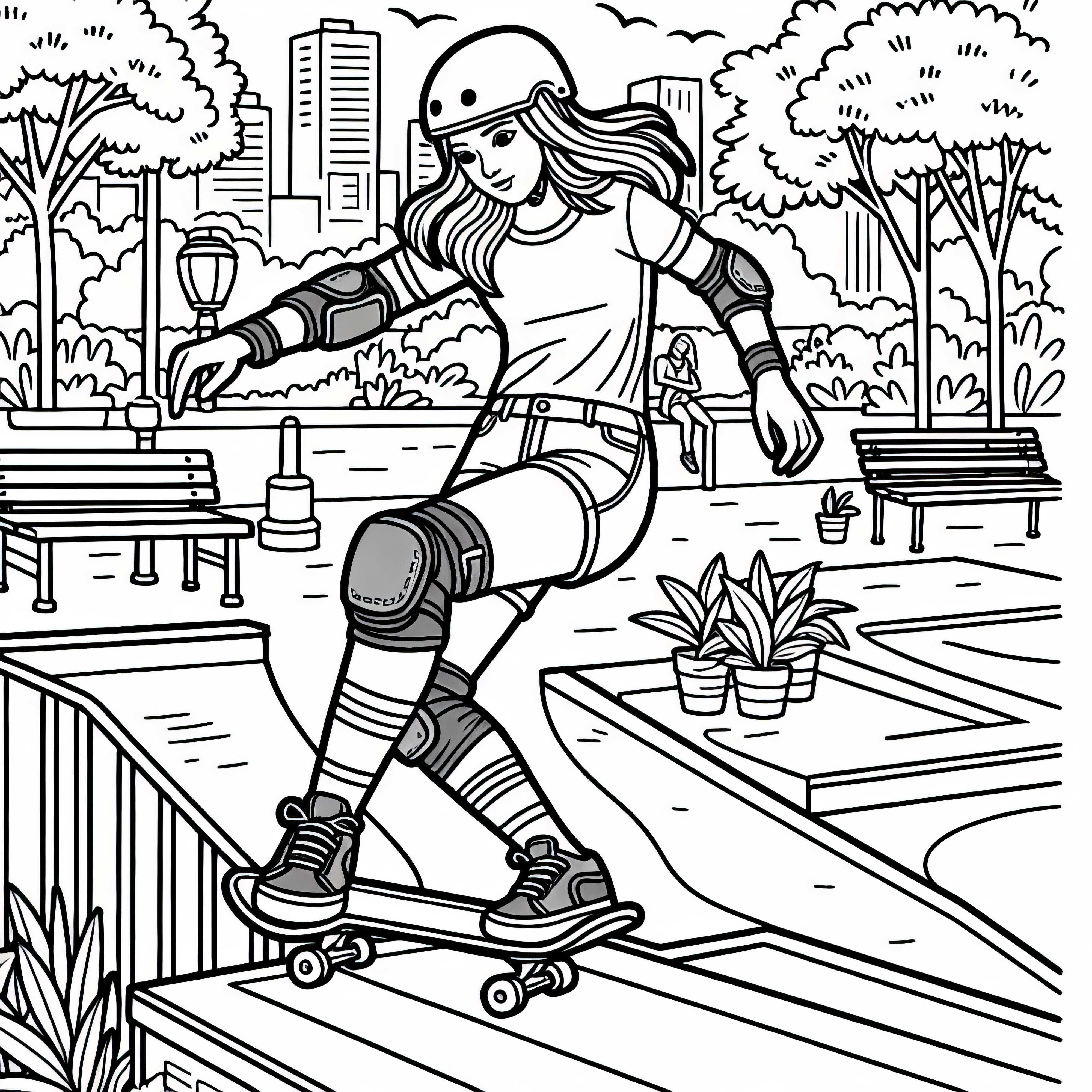 Skateuse avec casque - Dessin à colorier gratuit pour les filles à partir de neuf ans