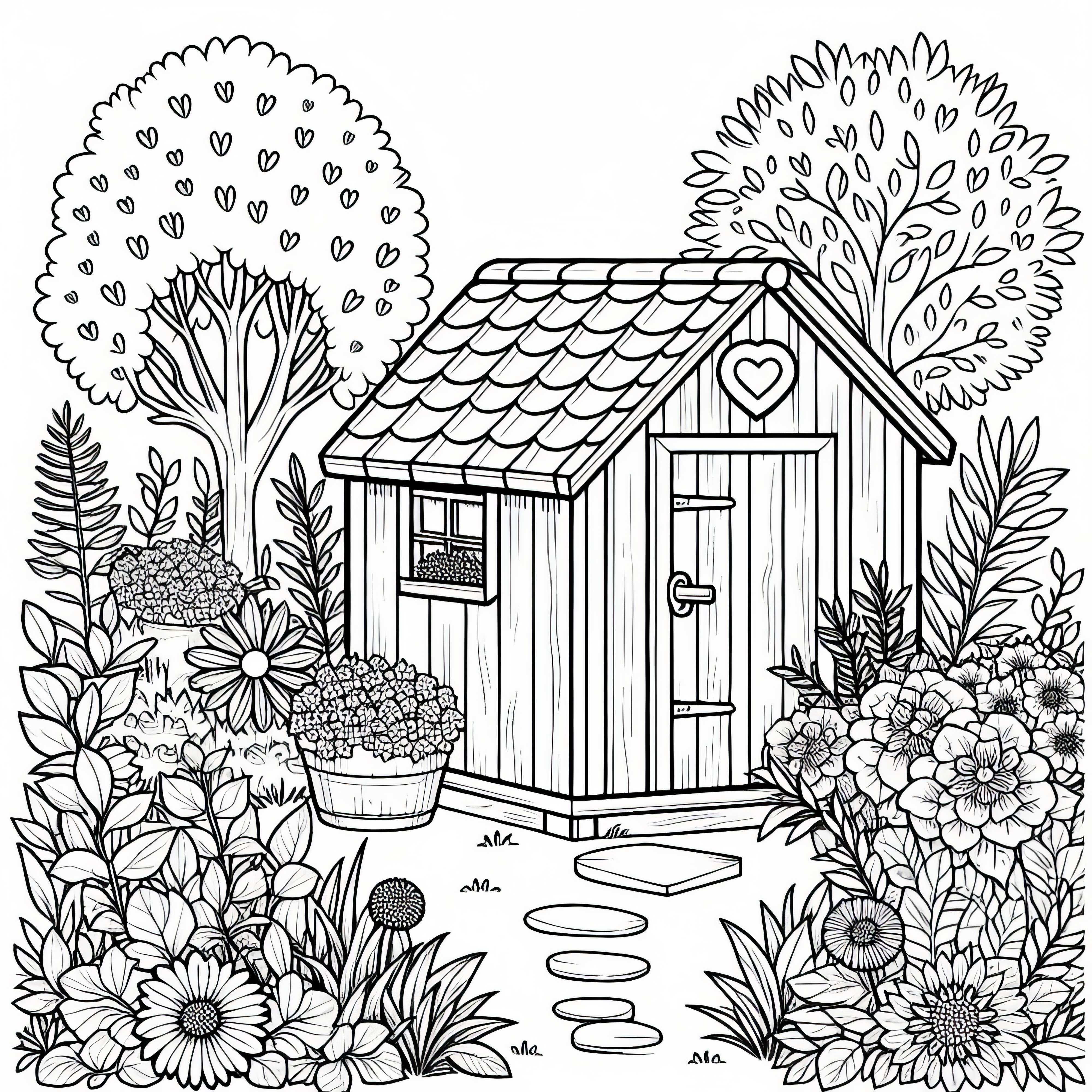 Modèle de coloriage de maison de jardin pour les filles à partir de neuf ans - Téléchargement gratuit