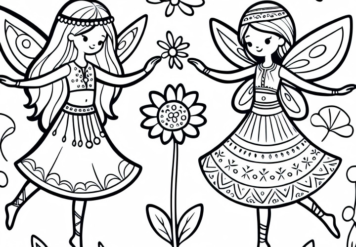 Deux fées dansent autour d'une fleur - Dessin à colorier gratuit pour les filles à partir de six ans