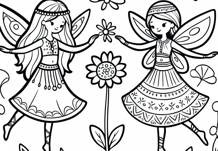 Deux fées dansent autour d'une fleur - Dessin à colorier gratuit pour les filles à partir de six ans
