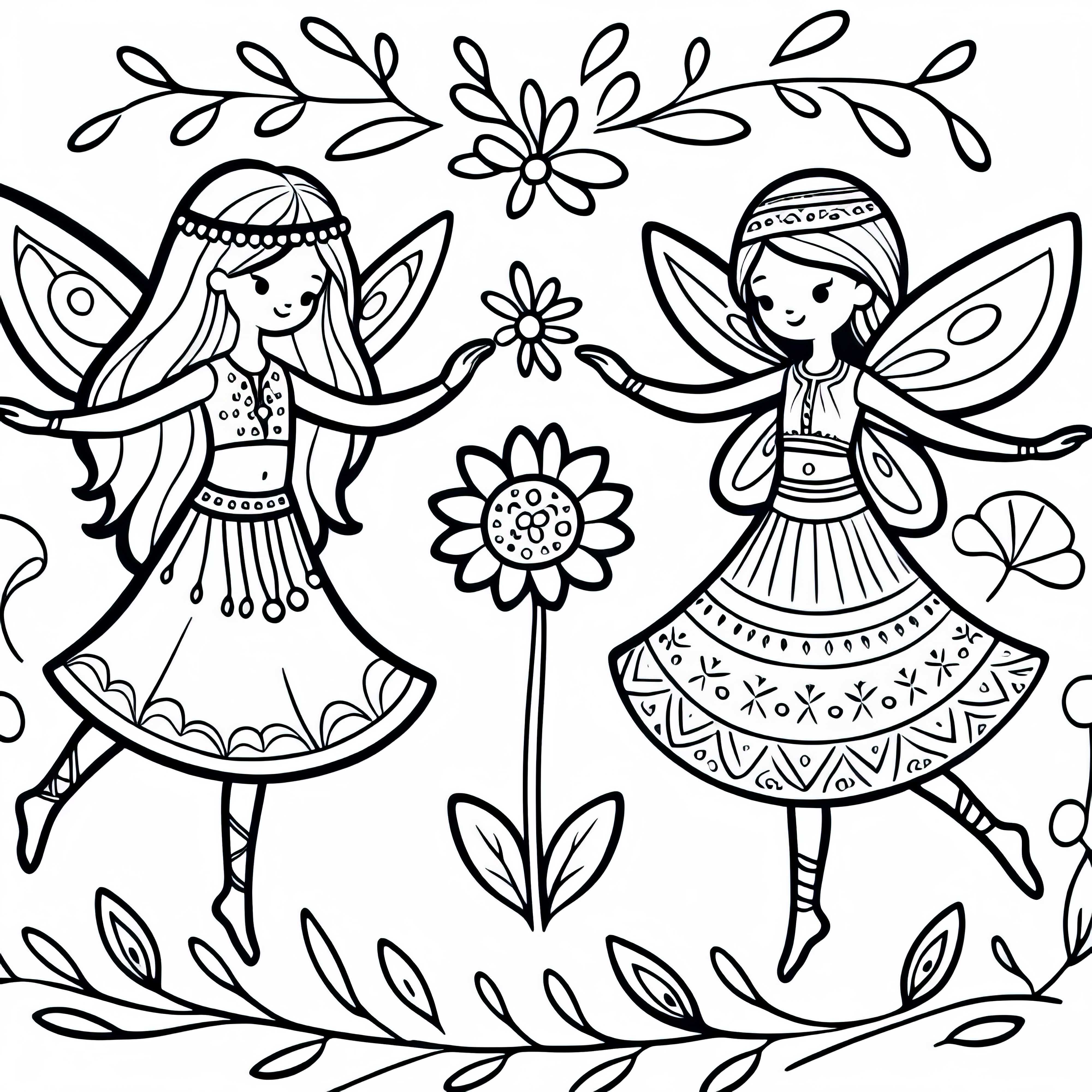 Deux fées dansent autour d'une fleur - Page à colorier gratuite pour les filles à partir de six ans